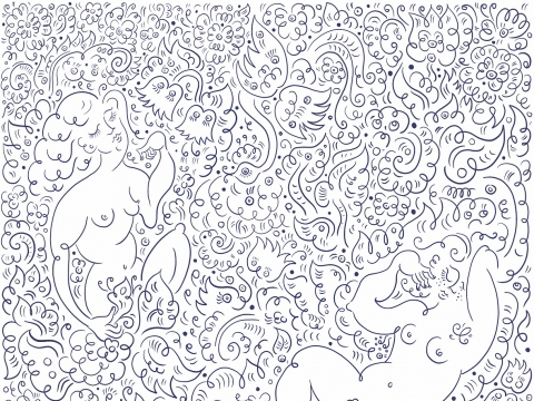 Aleksandra Zuckerman. Popietė sode (I) ir Popietė sode (II). 2015. Popierius, rašalinė spauda, tušo piešiniai, perpiešti skaitmeniniu būdu. 2021. Autoriaus nuosavybė
