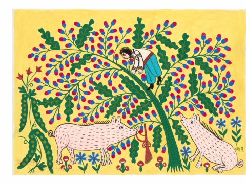 Marija Prymačenko, „Išsiruošė bailys medžioti“. 1983 m. © Labdaros fondas „Marijos Prymachenko šeimos kūrybos paveldas“ 
