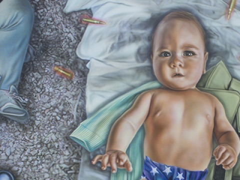Laura Guokė.Salvator Mundi, akrilas ant drobės, 1500x1500mm, 2021-2022 , kūrinio fragmentas

