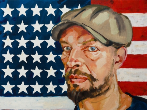 Nutapyta asmenukė prie Jasper Johns Flag Moma