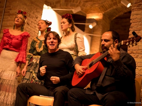 Akimirka iš Brigitos Bublytės teatralizuoto muzikinio spektaklio „Flamenko ir sutartinių jungtuvės“, kostiumų dailininkė Rima Pocevičienė. V. Dobilaitės nuotr.