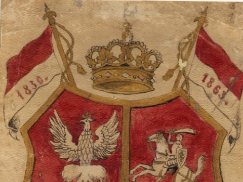 1863 sukilimo meto piešinys, simbolizuojantis Lietuvos, Lenkijos ir Baltarusijos draugystę ir vienybę su neišaiškintų asmenų parašais. (LMAVB RS F 37-111279)
