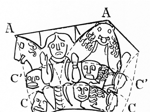 Jurgio Baltrušaičio piešinys straipsniui „Geometrija ir pabaisos. Pagal kelis romėnų kapitelius iš Pietų Prancūzijos“ („La géométrie et les monstres. D’après quelques chapiteaux romans du Midi de la France“), Gazette des Beaux-Arts, 1928.