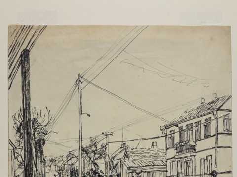 Jokūbas Lipšicas, „Kauno geto gatvė“. 1942 m. Originalas Yad Vashem dailės muziejuje
