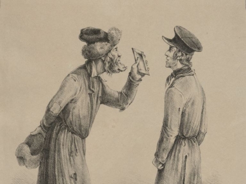 Konstantino Kukevičiaus litografija „Kepurių pardavėjas“. 1839 m. LMAVB. RSS. G3. 606.