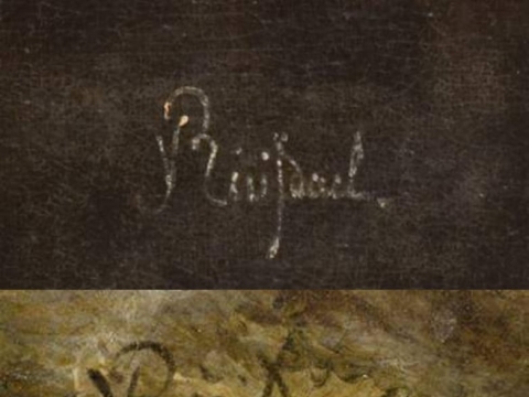 Sufalsifikuotas Van Ruisdaelio parašas LNDM Krioklyje ir dailininko signatūra, palikta Mauritshuis meno muziejuje Hagoje saugomame ~1670–1675 m. peizaže Harlemo vaizdas su audinių balintojais