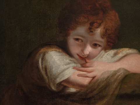 Seras Joshua Reynolds. Besijuokianti mergaitė. XVIII a. 9 deš. Drobė, aliejus. Nacionalinis Bohdano ir Varvaros Chanenkų dailės muziejus. Paveikslo fragmentas