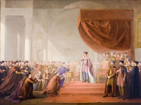 Vincentas Smakauskas, „Steponas Batoras įsteigia Vilniaus akademiją“, drobė, aliejus, 171 x 210 cm, Lietuvos dailės muziejus