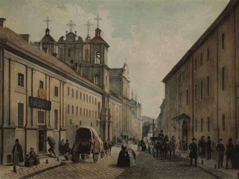 Dominikonų gatvė ir Bajorų institutas. Chromolitografija, 1850. LNM „Vilnius Jono Kazimiero Vilčinskio leidiniuose“, Vilnius, 2001, p. 13