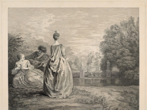 Bernard Baron (1696?–1762?), „Dvi pusseserės“. Pagal Antoine’ą Watteau Luvro muziejus, Grafikos meno skyrius, Edmond’o de Rothschildo kolekcija. © RMN-Grand Palais (Luvro muziejus), Angèle Dequier nuotr.