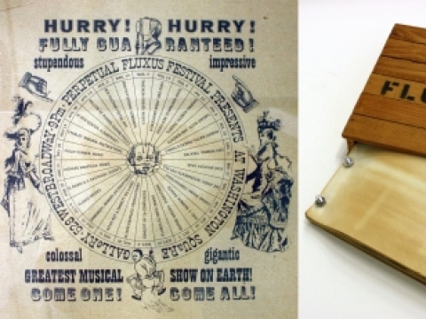 Iliustracijoje (iš kairės): plakatas „Amžinam Fluxus festivaliui“. 1964 m.; žurnalas „Fluxus 1“. 1965 m.; parodos „Kūno denginiai“ plakato eskizas. Visų kūrinių autorius – Jurgis Mačiūnas. JMVMC kolekcija